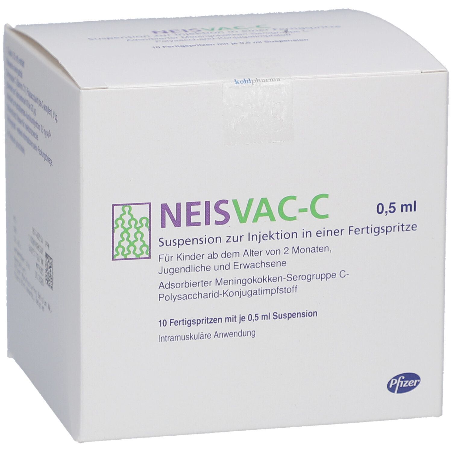 Weiße Schachtel mit Neisvac-C-Logo und Text. Enthält 10 Fertigspritzen mit 0,5 ml Suspension. Pfizer-Logo unten rechts.