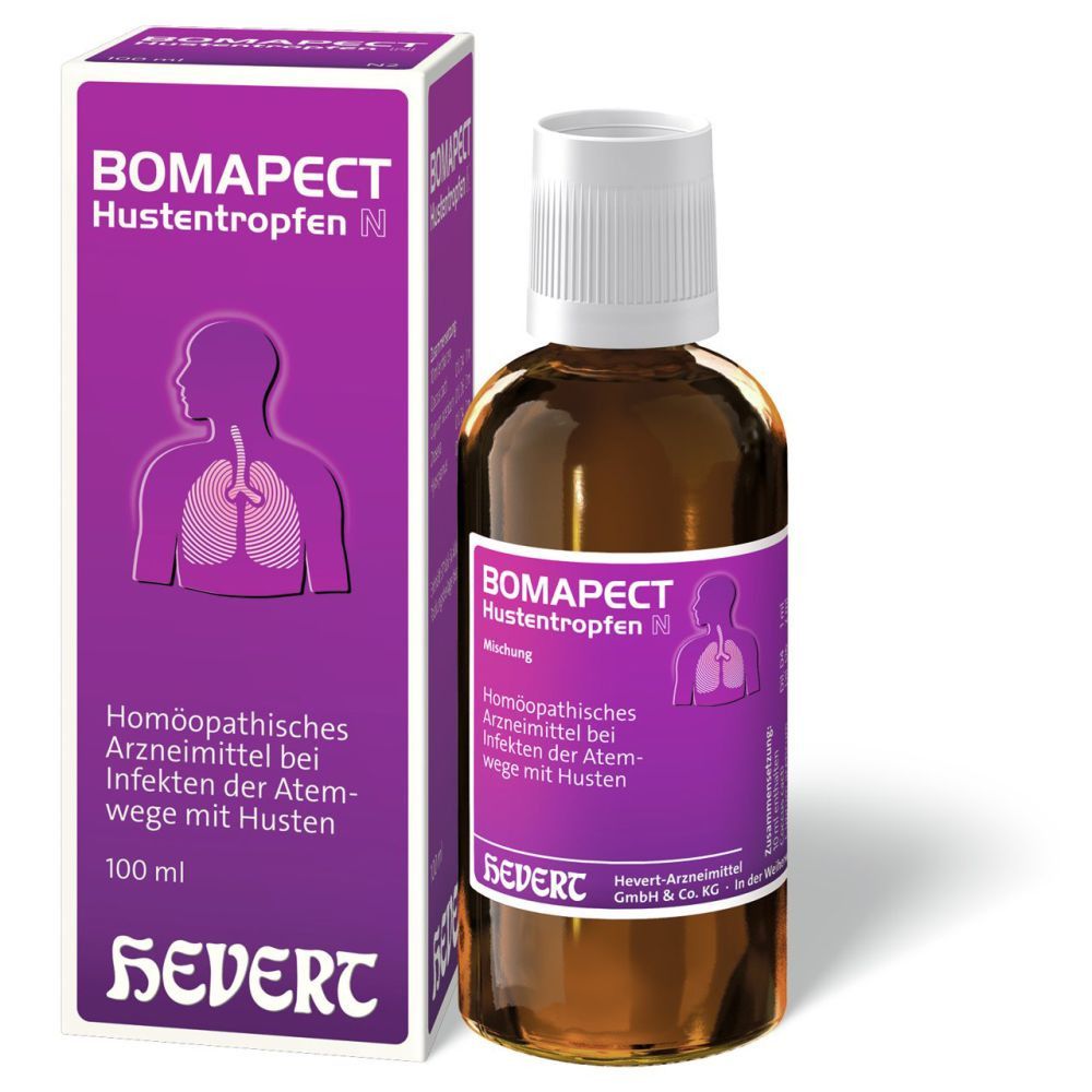 Braune Flüssigkeit in einer Glasflasche mit weißem Verschluss und lila Etikett. Daneben eine Schachtel mit lila Aufdruck.