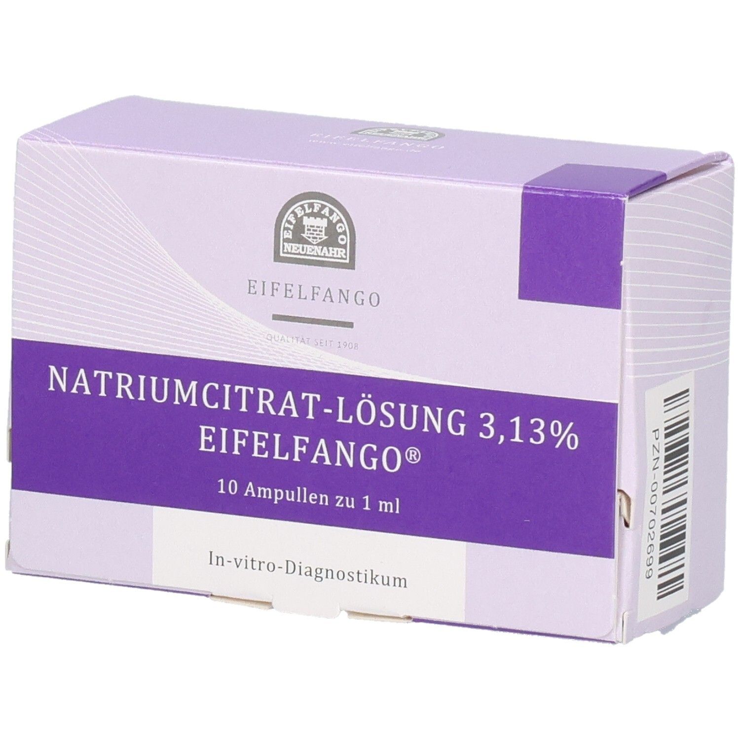 Schachtel mit Natriumcitrat-Lösung 3,13% Ampullen. Lila und weiß. Text: Eifelfango, 10 Ampullen zu 1 ml. In-vitro-Diagnostikum.