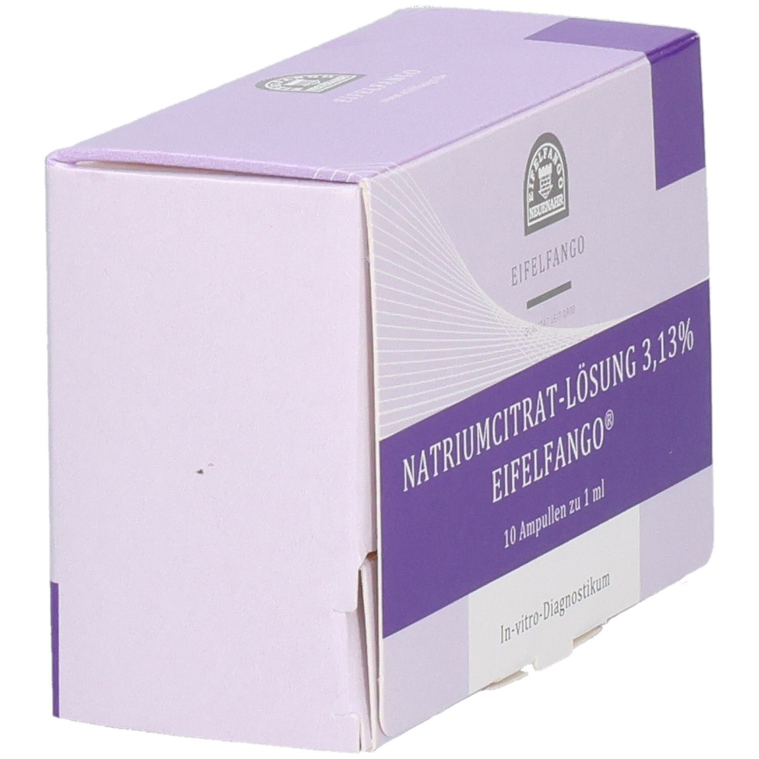 Schachtel mit Natriumcitrat-Lösung 3,13% Ampullen. Lila und weiß. Text: Eifelfango, 10 Ampullen zu 1 ml. In-vitro-Diagnostikum.