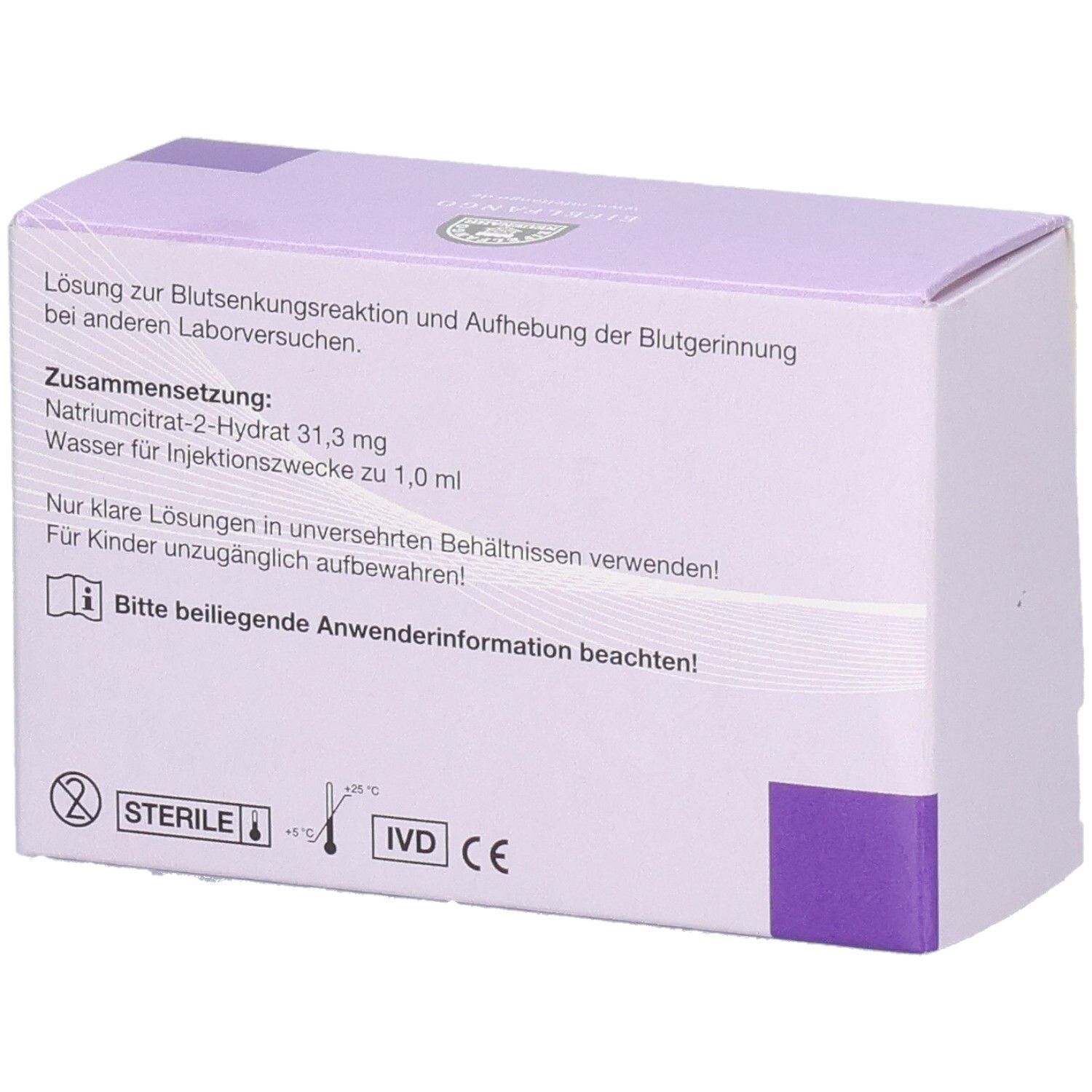 Rückseite der Schachtel mit Text. Enthält Informationen zur Zusammensetzung und Anwendung. Steril-Symbol, CE-Kennzeichnung.