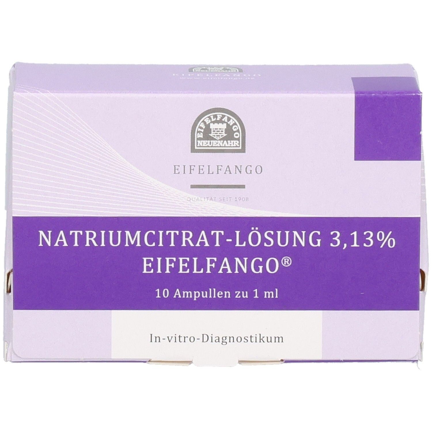 Schachtel mit Natriumcitrat-Lösung 3,13% Ampullen. Lila und weiß. Text: Eifelfango, 10 Ampullen zu 1 ml. In-vitro-Diagnostikum.