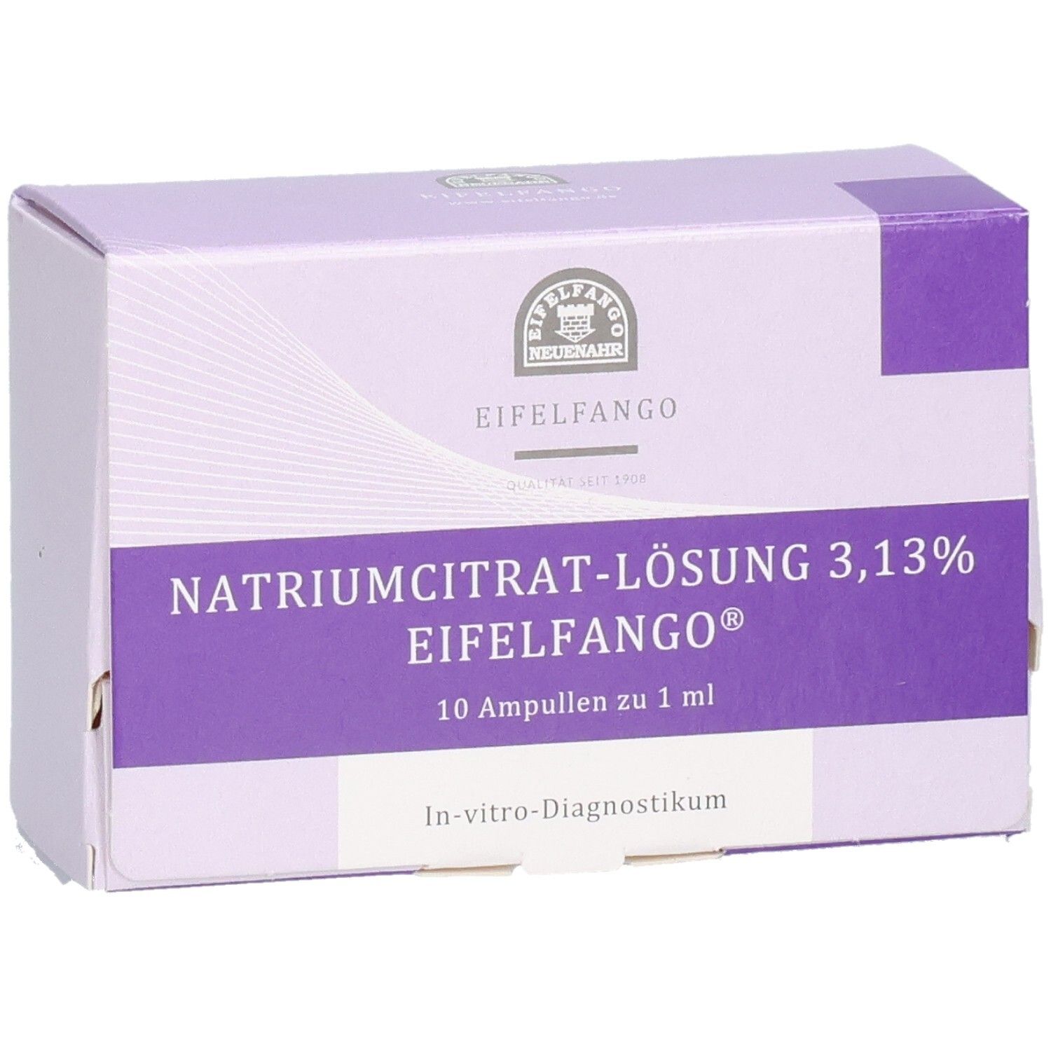 Schachtel mit Natriumcitrat-Lösung 3,13% Ampullen. Lila und weiß. Text: Eifelfango, 10 Ampullen zu 1 ml. In-vitro-Diagnostikum.