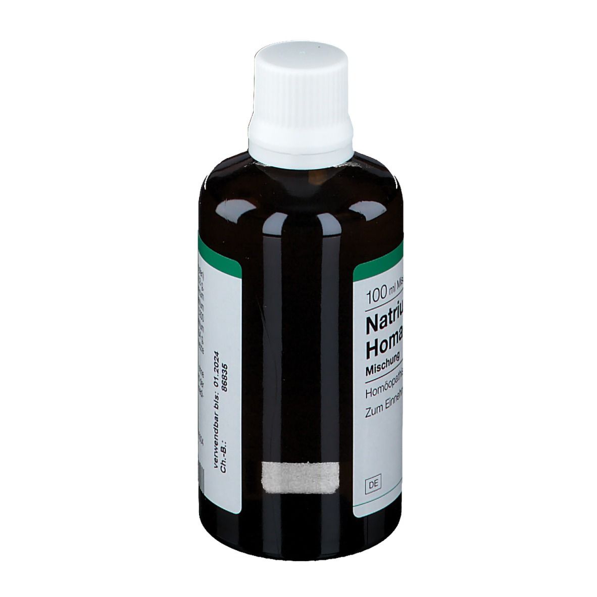 Braune Glasflasche mit weißem Deckel. Etikett mit Produktinformationen und Verfallsdatum. Marke -Heel.