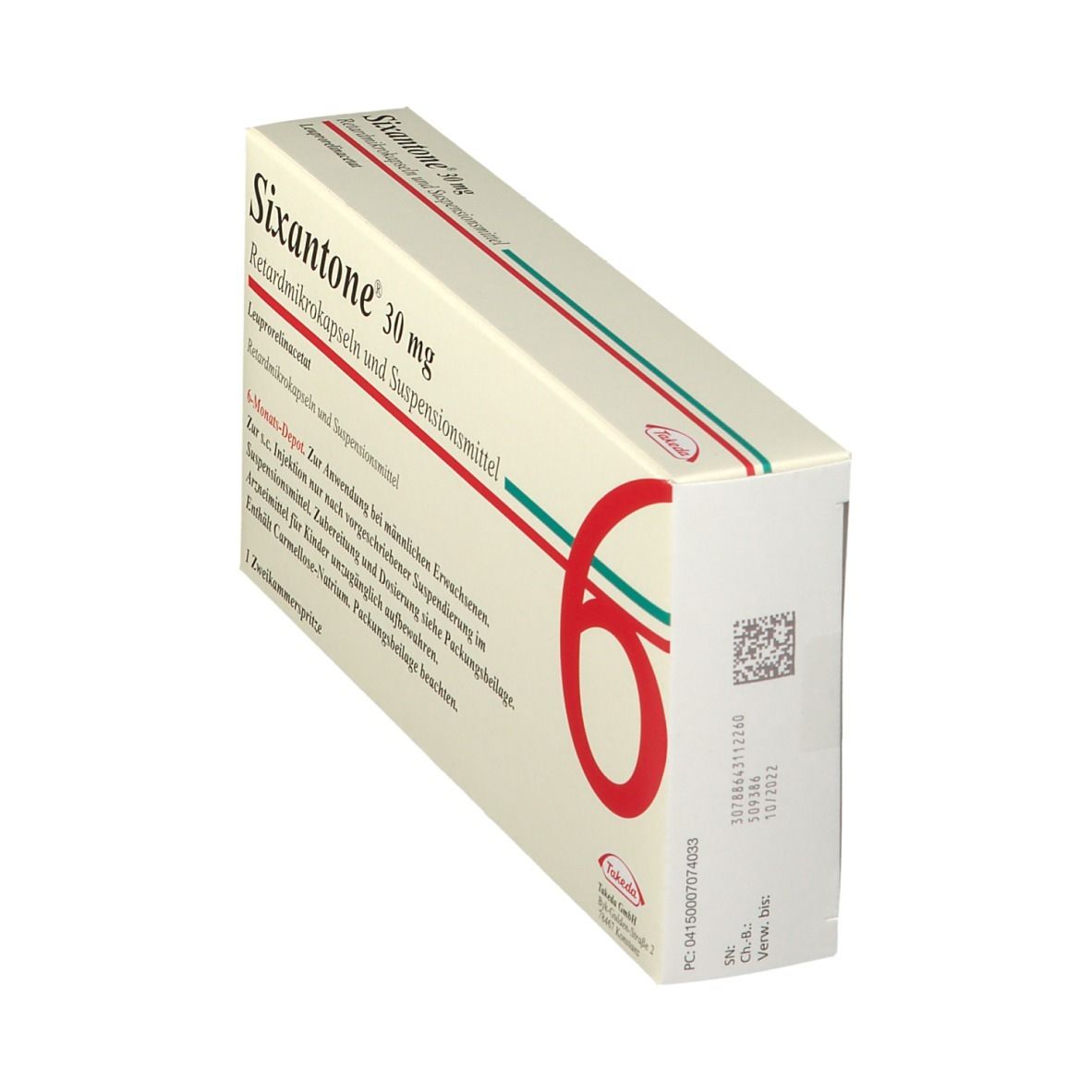 Schräg gestellte Packung von Sixantone® 30 mg. Weiß, mit roter und grüner Linie. Text: Retardmikrokapseln und Suspensionsmittel. QR-Code auf der Seite.