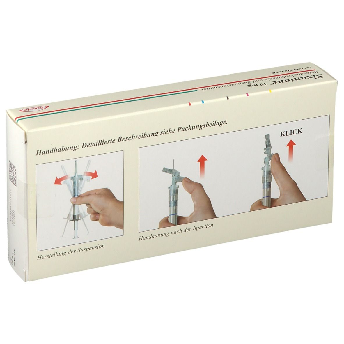 Rückseite der Sixantone® 30 mg Packung. Illustrationen zur Anwendung der Spritze. Text: Handhabung: detaillierte Beschreibung siehe Packungsbeilage.