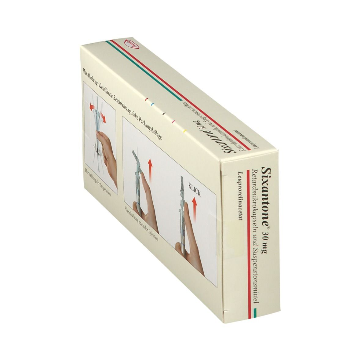 Schräg gestellte Packung von Sixantone® 30 mg. Rückseite mit Illustrationen zur Anwendung der Spritze. Text: Handhabung: detaillierte Beschreibung siehe Packungsbeilage.