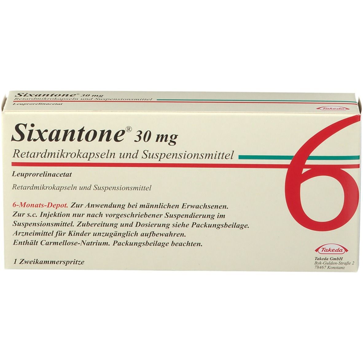 Karton von Sixantone® 30 mg. Weiß, mit roter und grüner Linie. Text: Retardmikrokapseln und Suspensionsmittel. 6-Monats-Depot. 1 Zweikammerspritze.
