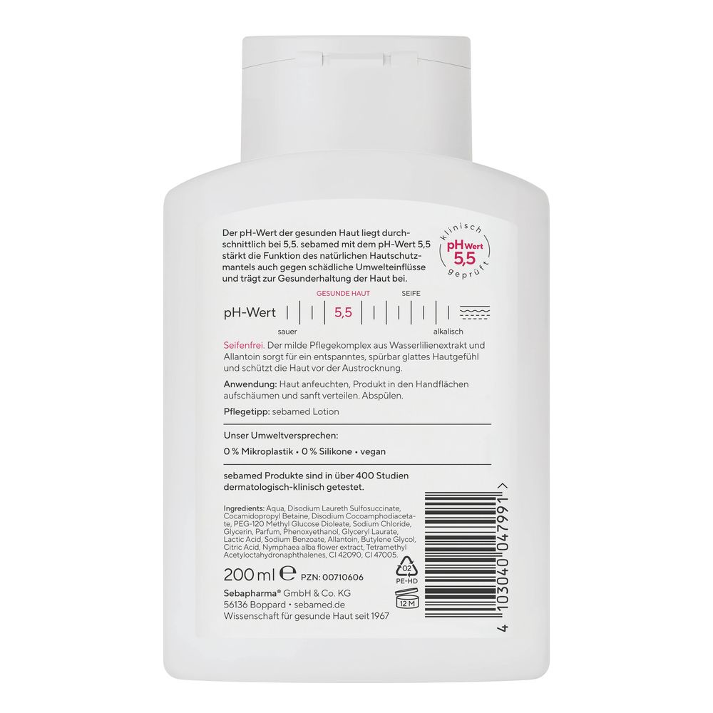 Rückseite der Sebamed Wellness Dusche. Text: pH-Wert 5,5, 200 ml, 0% Mikroplastik, 0% Silikone. Dermatologisch getestet.