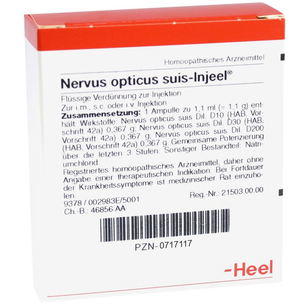 Verpackung von Nervus opticus suis-Injeel® Ampullen. Weißer Karton mit roter Oberseite. Text: Nervus opticus suis-Injeel®, Heel.
