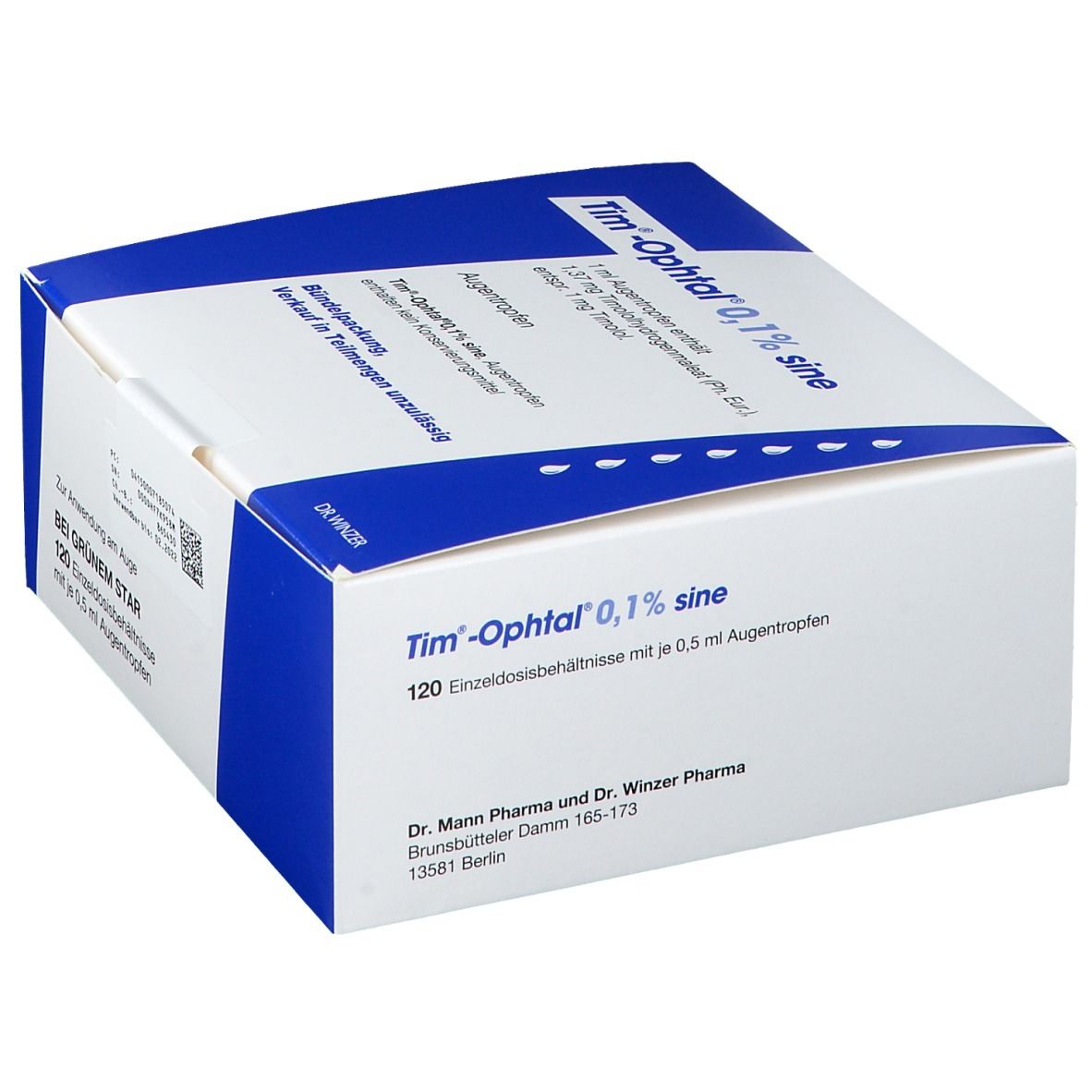 Karton von Tim-Ophtal 0,1% sine Augentropfen. Seitenansicht mit Produktinformationen und Barcode.