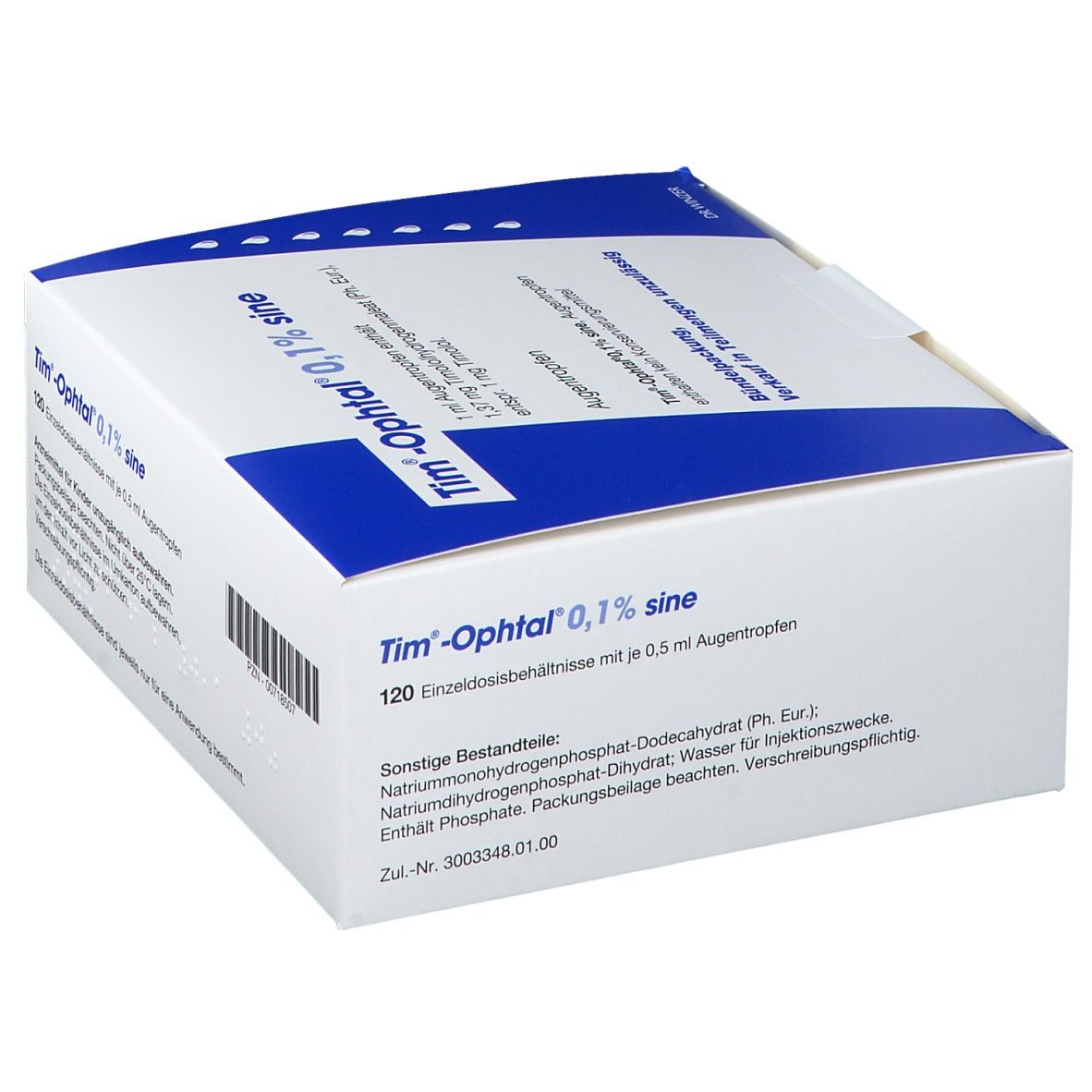 Karton von Tim-Ophtal 0,1% sine Augentropfen. Seitenansicht mit Produktinformationen und Barcode.