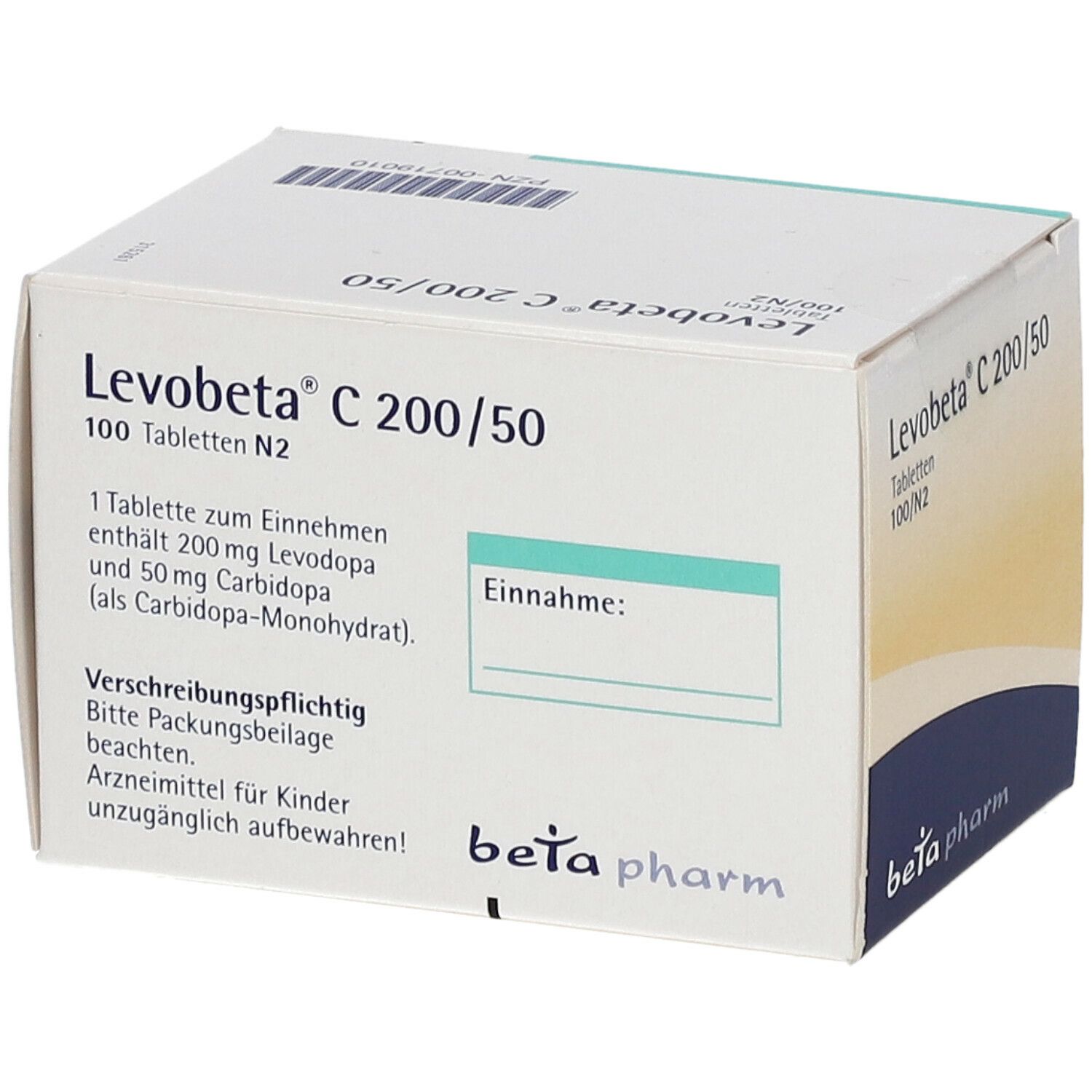 Schachtel mit Levobeta C 200/50 Tabletten. Aufschrift: 100 Tabletten N2. Text: 1 Tablette enthält 200 mg Levodopa und 50 mg Carbidopa.