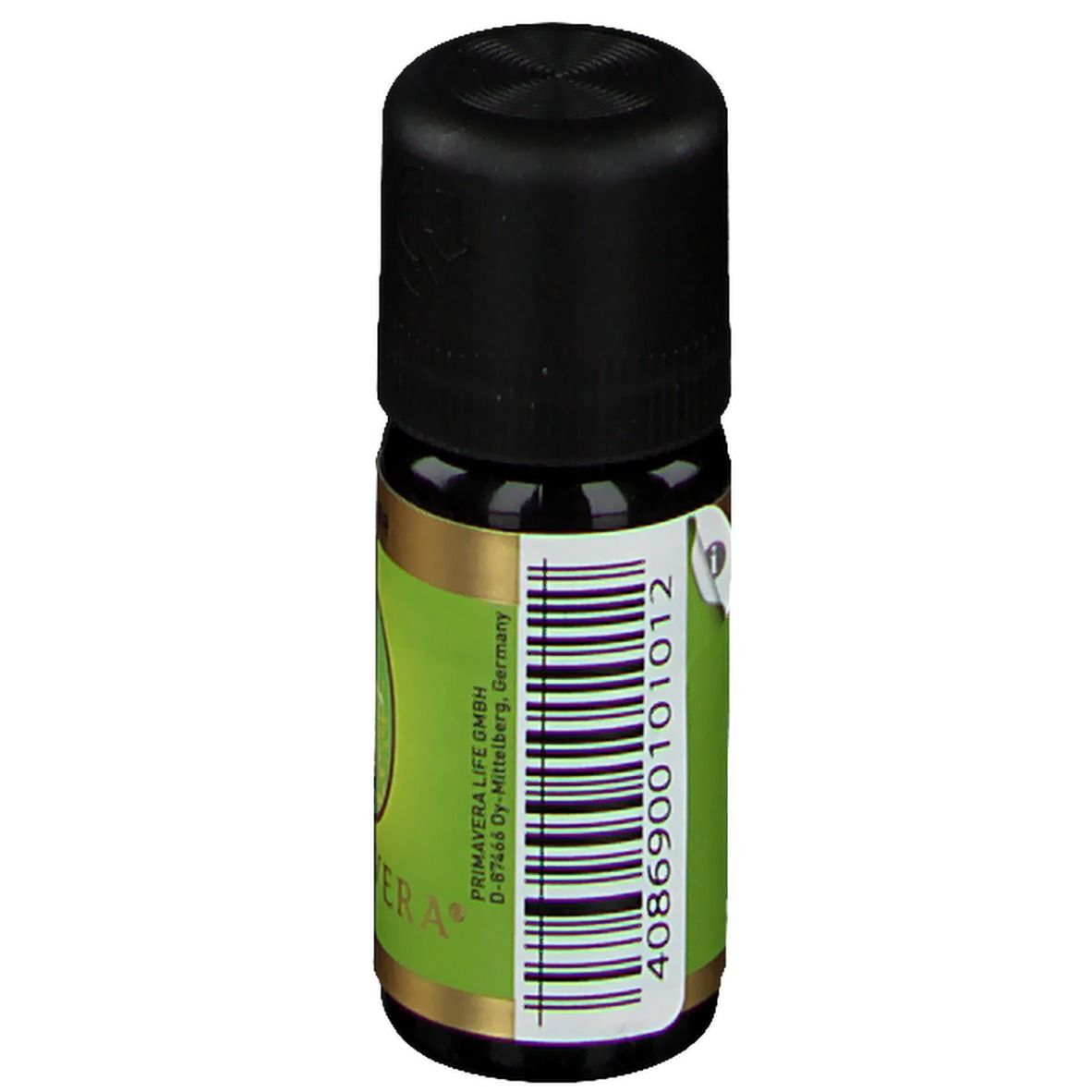 Braune Glasflasche mit schwarzem Deckel. Etikett mit Barcode und PRIMAVERA-Logo. Text: PRIMAVERA LIFE GmbH.