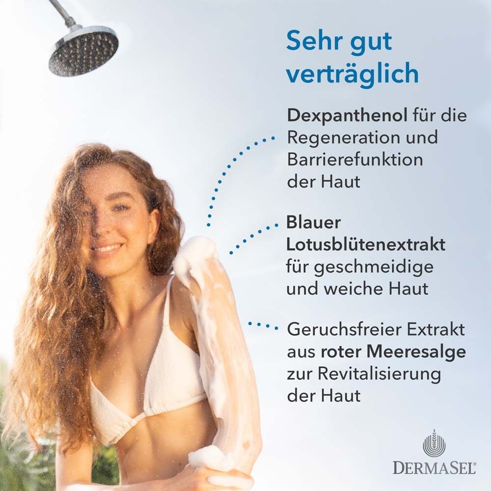 Frau unter der Dusche. Text: Sehr gut verträglich. Inhaltsstoffe: Dexpanthenol, Blauer Lotusblütenextrakt, Meersalze.