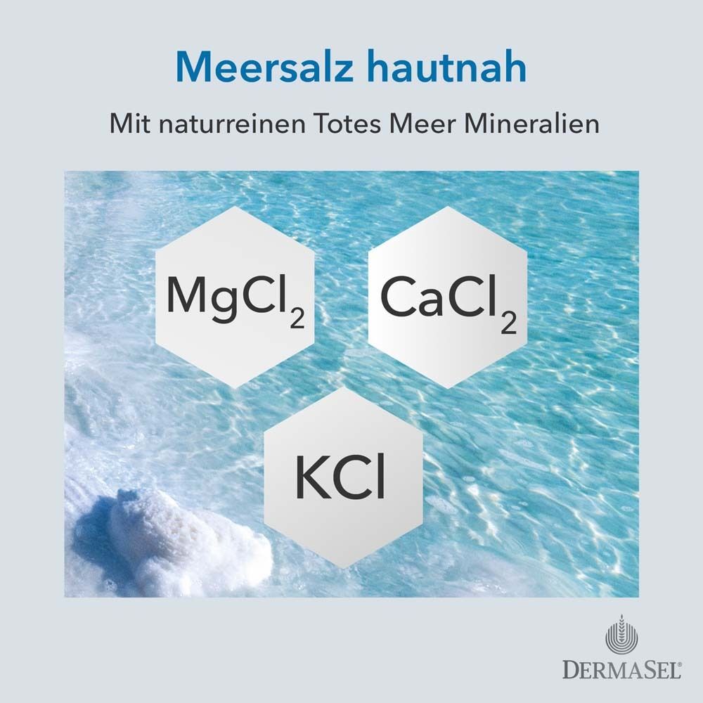 Drei hexagonale Formen mit Inhaltsstoffen. Text: Meersalz hautnah. Inhaltsstoffe: MgCl2, CaCl2, KCl.