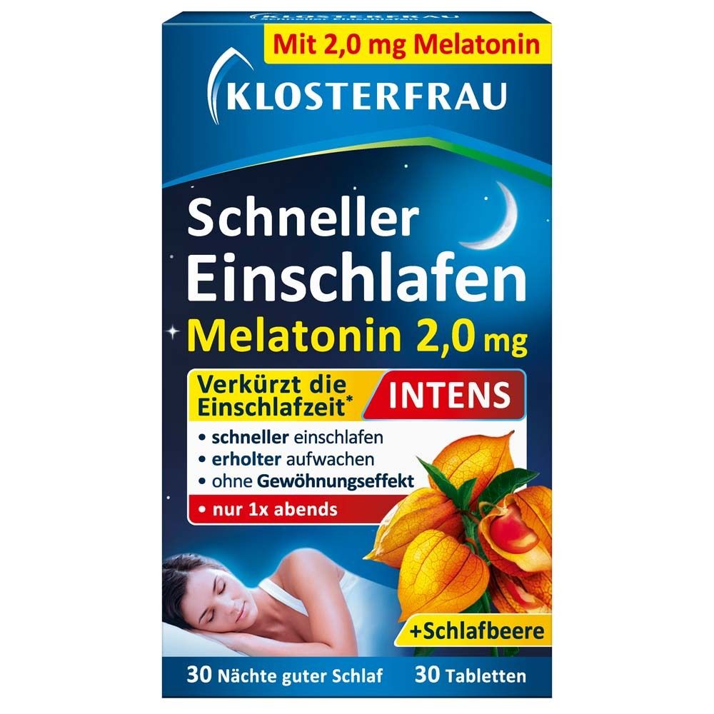 Klosterfrau® Schlaftabletten-Packung. Blaue Schachtel mit Produktnamen und Melatonin-Angabe. Abbildung einer schlafenden Person.