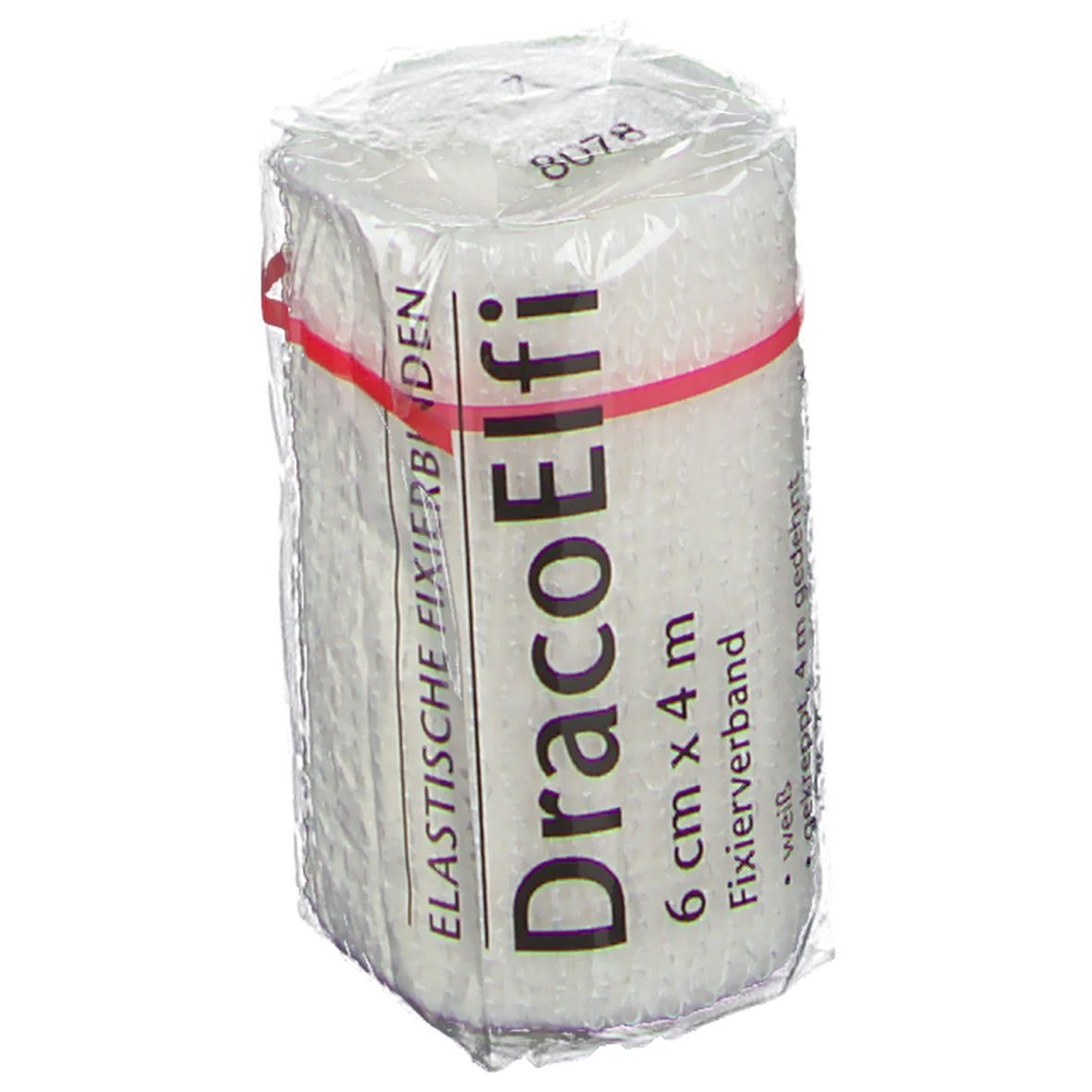 Elastische Fixierbinde, 6 cm x 4 m, weiß, in Cellophan verpackt. Roter Gummiring. Aufdruck: DracoElfi.
