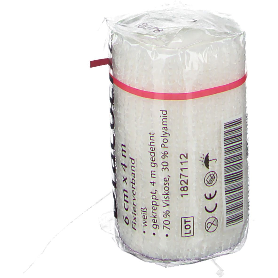 Elastische Fixierbinde, 6 cm x 4 m, weiß, in Cellophan. Barcode, CE-Kennzeichnung, und weitere Angaben. Roter Gummiring.