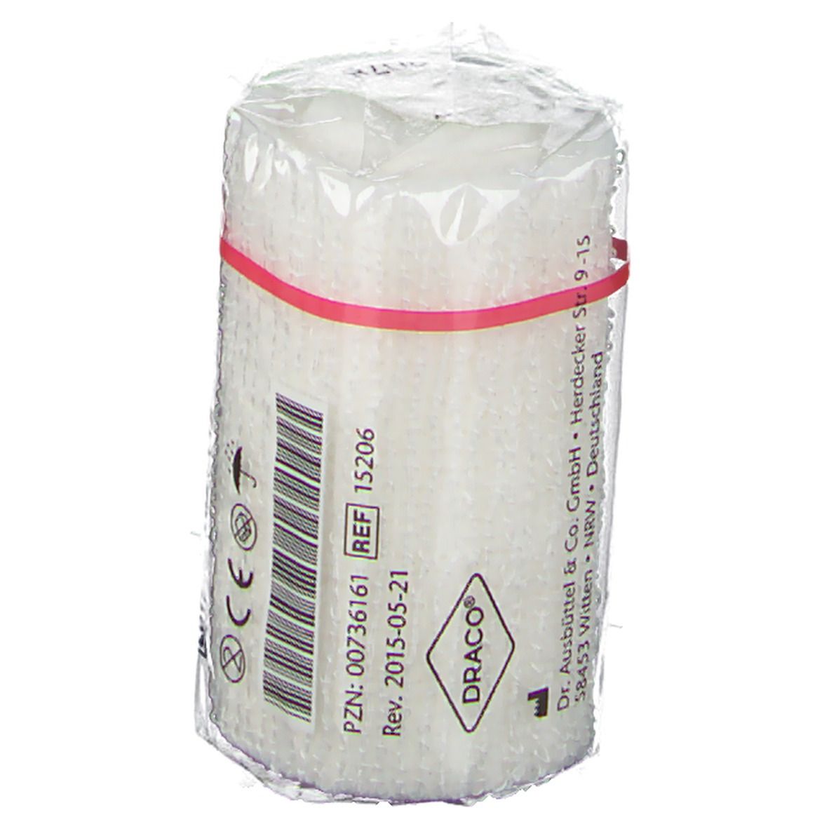 Elastische Fixierbinde, 6 cm x 4 m, weiß, in Cellophan. Barcode, REF-Nummer, und Draco-Logo. Roter Gummiring.