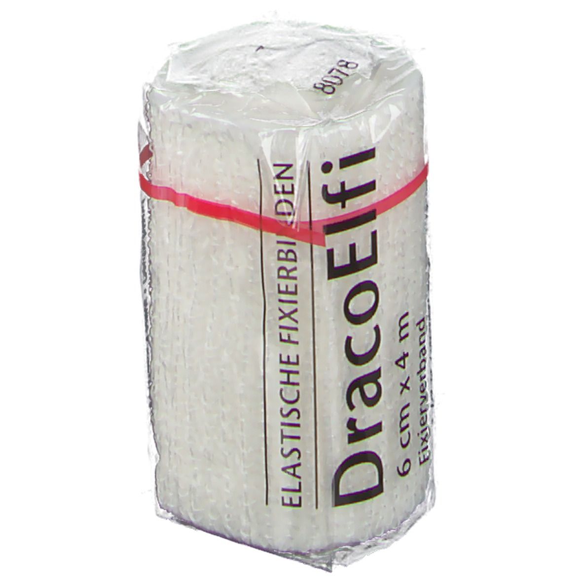 Elastische Fixierbinde, 6 cm x 4 m, weiß, in Cellophan verpackt. Roter Gummiring. Aufdruck: DracoElfi.