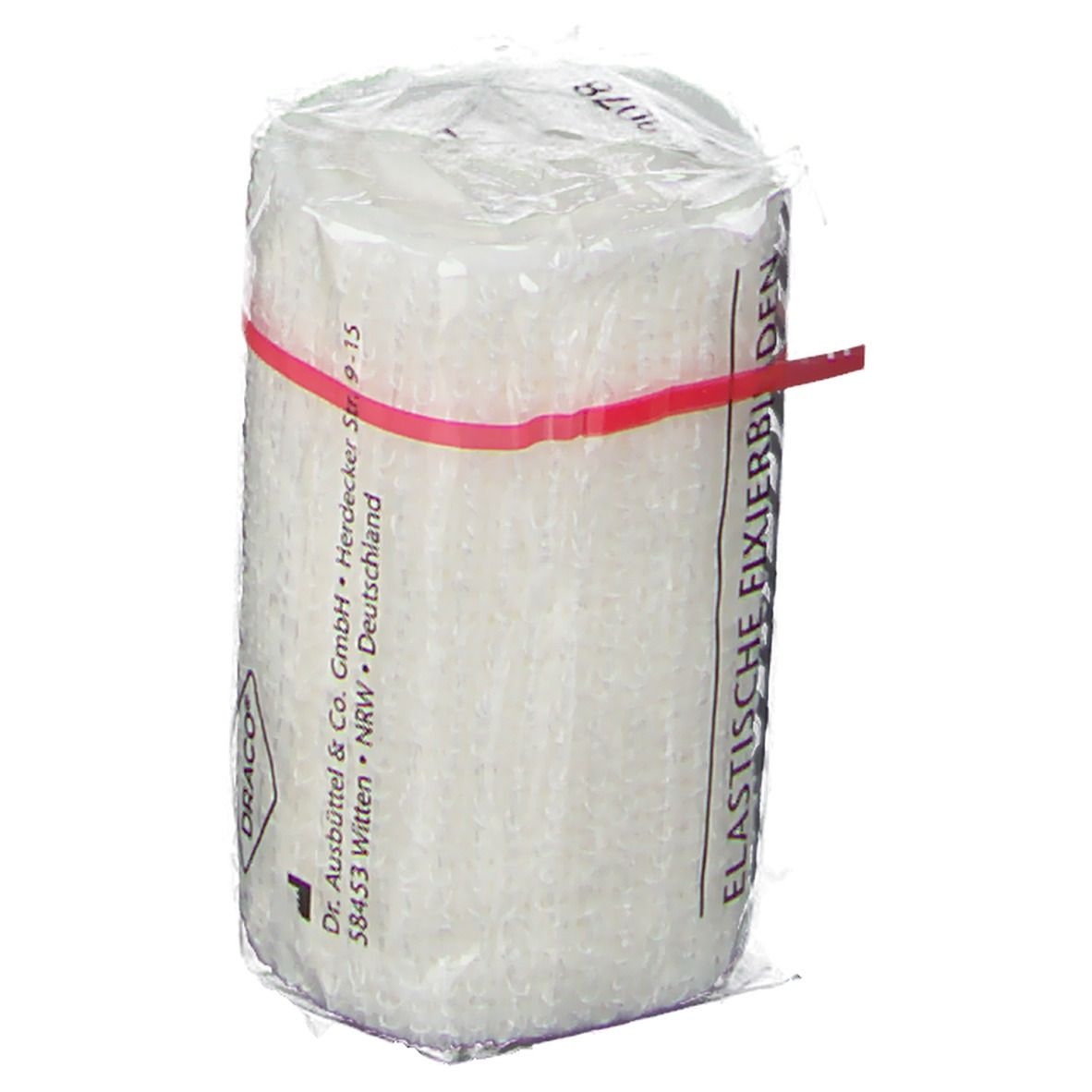 Elastische Fixierbinde, 6 cm x 4 m, weiß, in Cellophan. Roter Gummiring. Adresse des Herstellers. Aufdruck: DracoElfi.