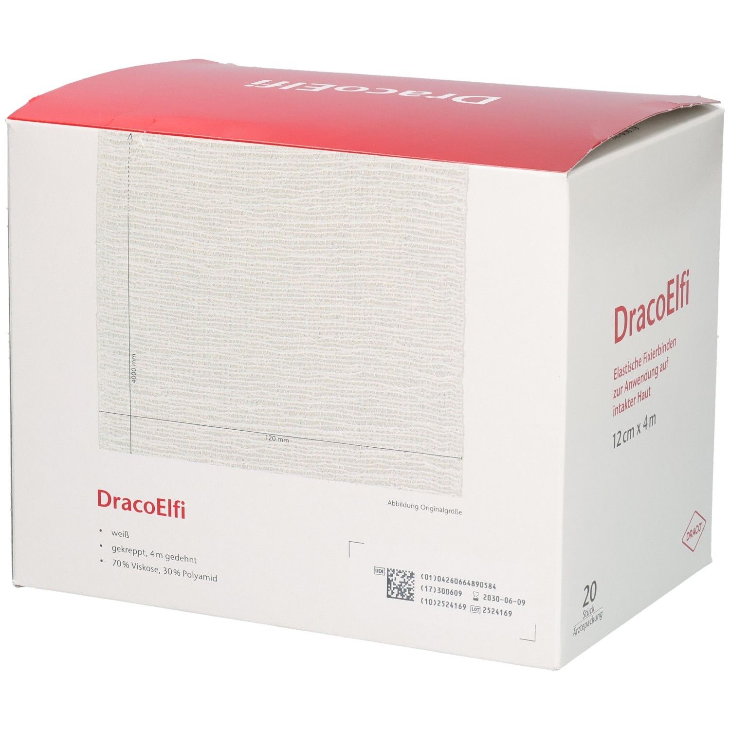 Verpackung von DracoElfi elast. Fixierbinden. Weiß, gekreppt, 12 cm x 4 m. 20 Stück. Rückseite mit Text und Barcode.