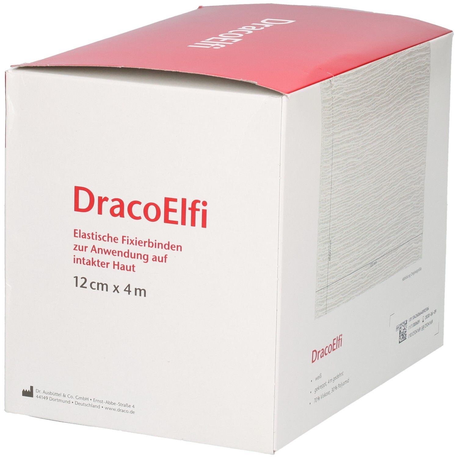 Verpackung von DracoElfi elast. Fixierbinden. Weiß, gekreppt, 12 cm x 4 m. 20 Stück. Seitenansicht.