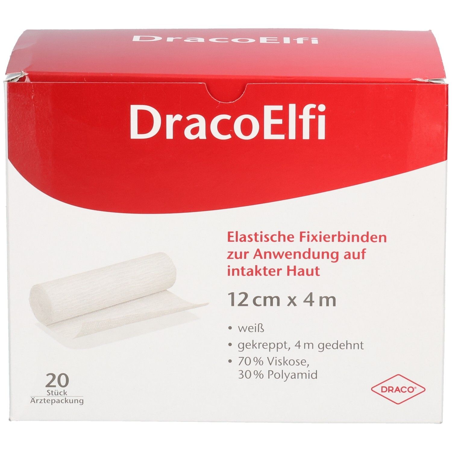Verpackung von DracoElfi elast. Fixierbinden. Weiß, gekreppt, 12 cm x 4 m. Enthält 20 Stück. Material: 70% Viskose, 30% Polyamid.