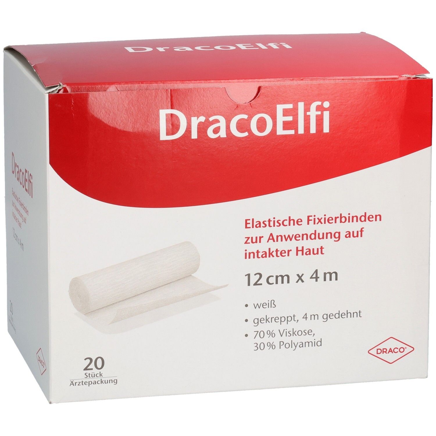 Verpackung von DracoElfi elast. Fixierbinden. Weiß, gekreppt, 12 cm x 4 m. Enthält 20 Stück. Material: 70% Viskose, 30% Polyamid.