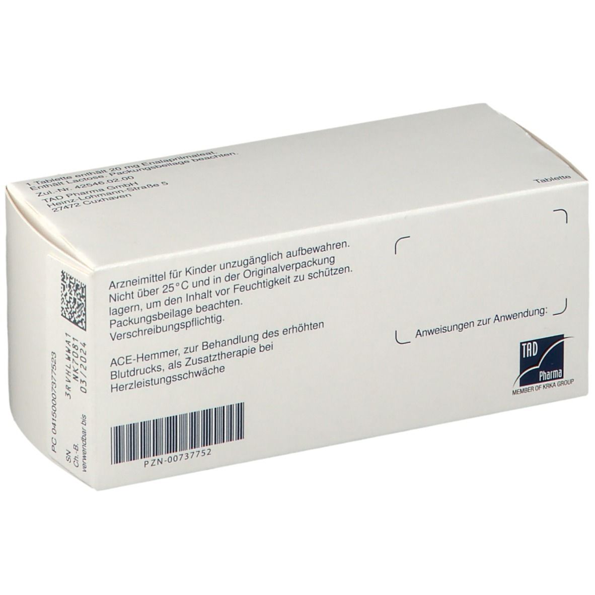 Rückseite der Schachtel 'Corvo 20 mg'. Text: 'ACE-Hemmer'. Logo 'TRD Pharma'. Barcode und PZN-Nummer.