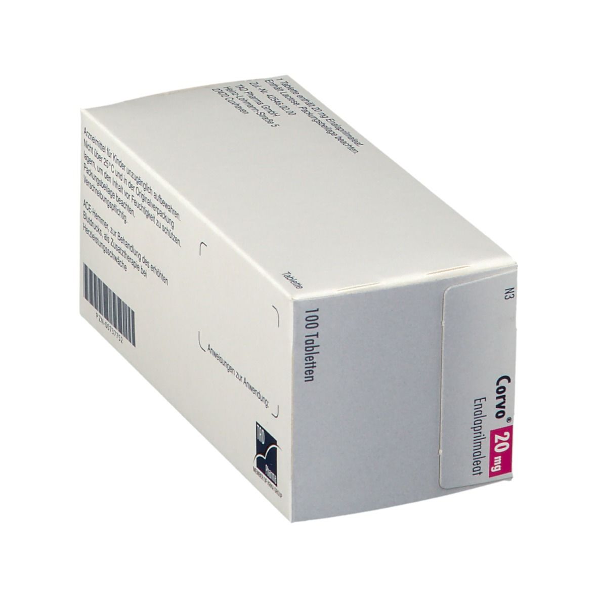 Schachtel 'Corvo 20 mg'. Enthält 100 Tabletten. Aufdruck: 'Enalaprilmaleat'.