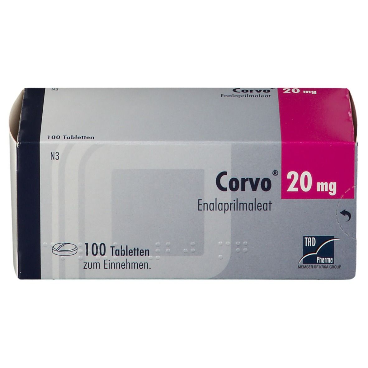 Schachtel 'Corvo 20 mg'. Enthält 100 Tabletten. Aufdruck: 'Enalaprilmaleat'. Logo 'TRD Pharma'.