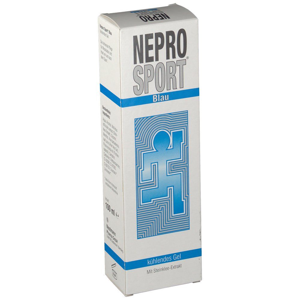 Weiße Verpackung mit blauem Design. Aufschrift NEPRO SPORT Blau. Abbildung einer blauen Figur. Text: kühlendes Gel.