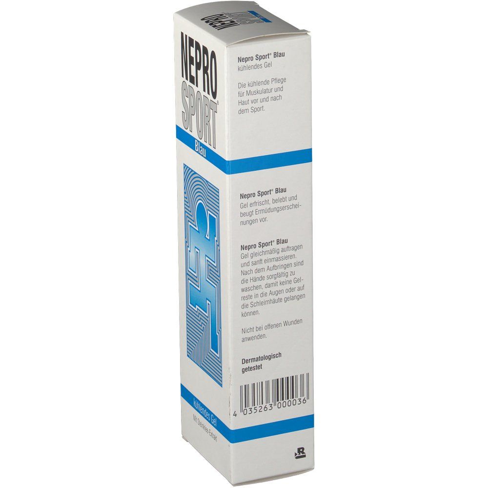 Weiße Verpackung mit blauem Design. Aufschrift NEPRO SPORT Blau. Text und Barcode. Dermatologisch getestet.