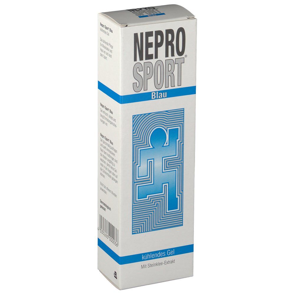 Weiße Verpackung mit blauem Design. Aufschrift NEPRO SPORT Blau. Abbildung einer blauen Figur. Text: kühlendes Gel.