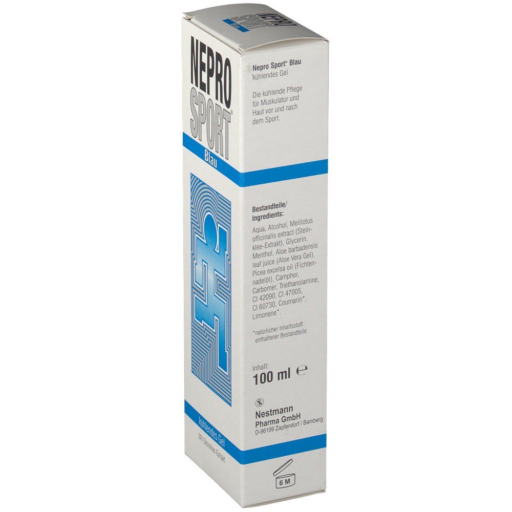 Weiße Verpackung mit blauem Design. Aufschrift NEPRO SPORT Blau. Text mit Inhaltsstoffen und Herstellerangaben. 100 ml.