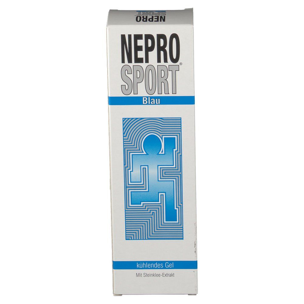 Weiße Verpackung mit blauem Design. Aufschrift NEPRO SPORT Blau. Abbildung einer blauen Figur. Text: kühlendes Gel.