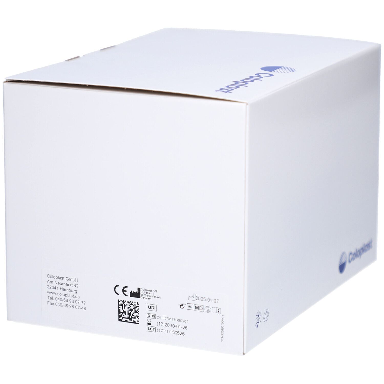 Weißer Karton mit Coloplast-Logo und technischen Daten. Auf der Seite sind Informationen aufgedruckt.