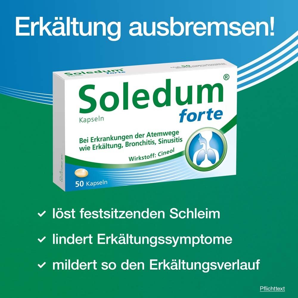 Schachtel Soledum® forte Kapseln. Text: Erkältung ausbremsen! Löst Schleim, lindert Erkältungssymptome.