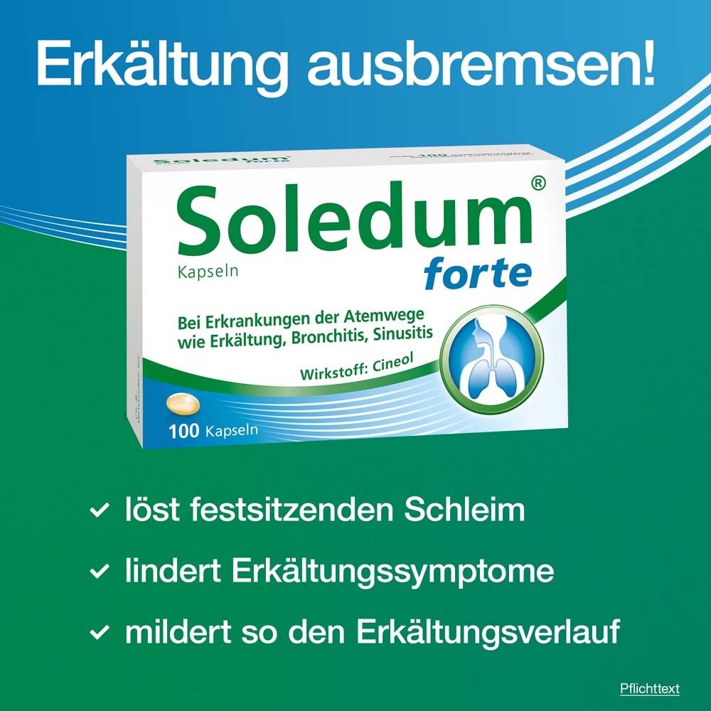 Schachtel Soledum forte Kapseln. Text: löst festsitzenden Schleim, lindert Erkältungssymptome, mildert Erkältungsverlauf.