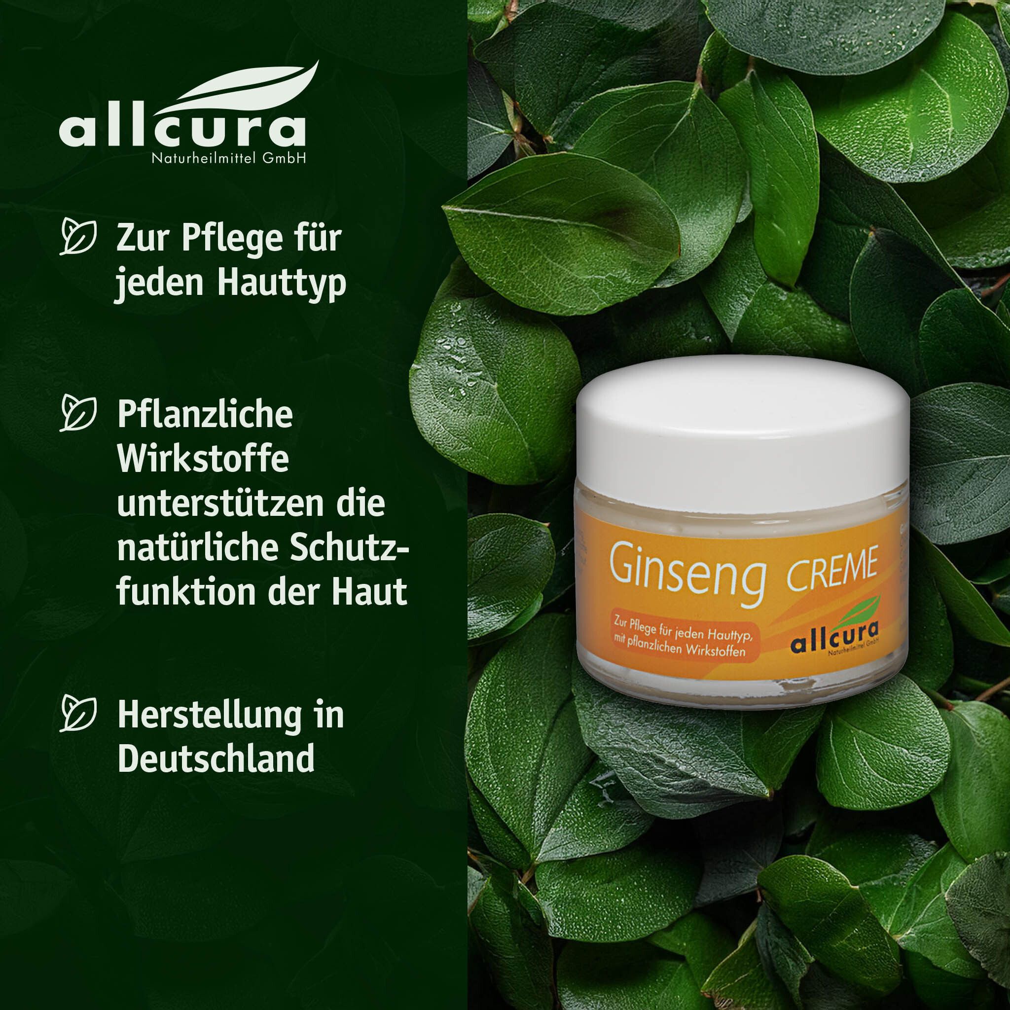 Glasbehälter mit weißem Deckel, umgeben von grünen Blättern. Logo "allcura" und Text.