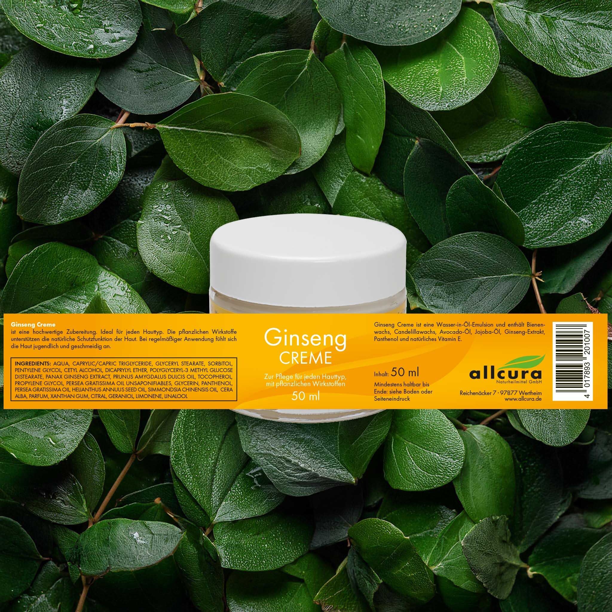 Glasbehälter mit weißem Deckel, auf grünen Blättern. Etikett mit "Ginseng CREME" und "allcura".