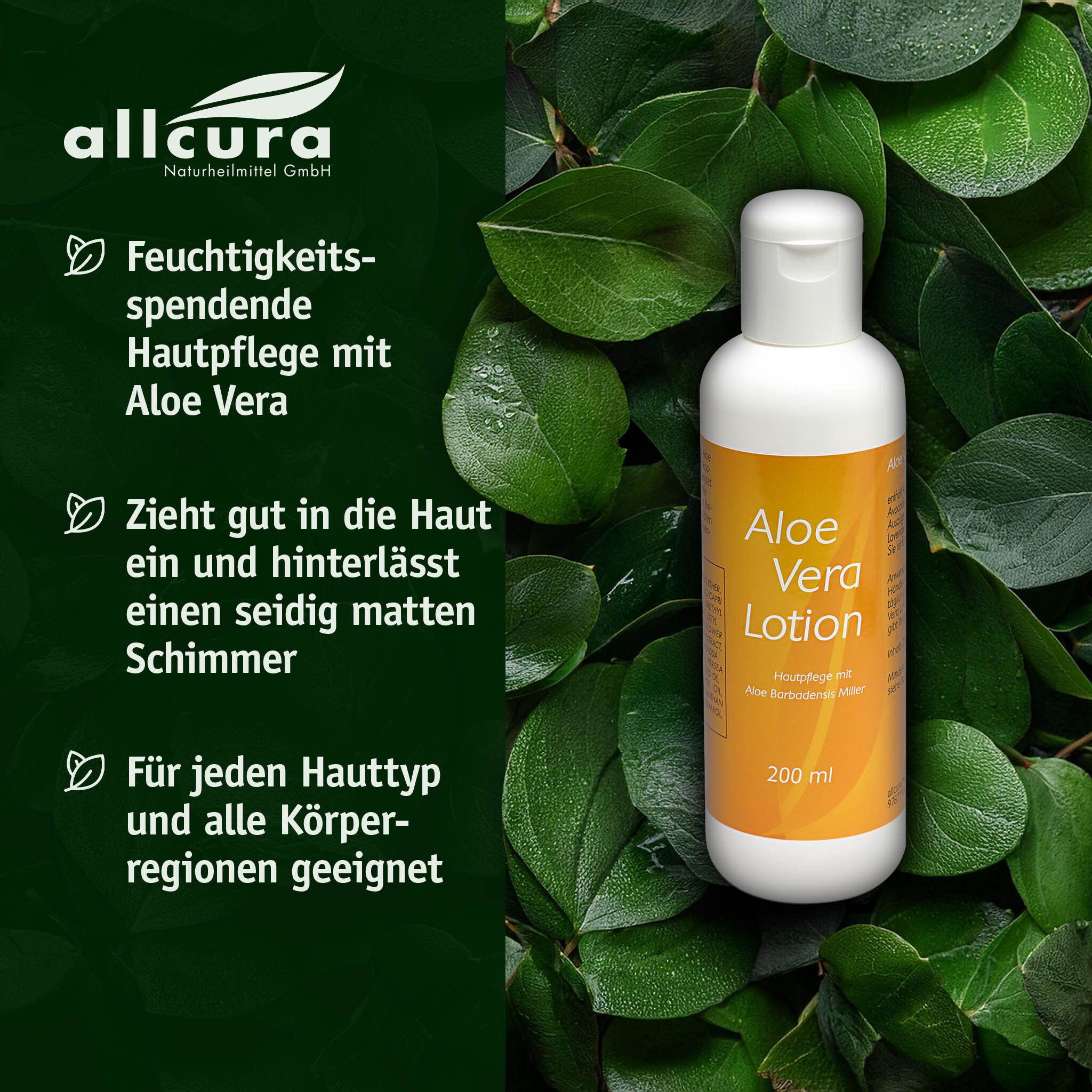 Weiße Flasche mit gelbem Etikett, umgeben von grünen Blättern. Text: Aloe Vera Lotion.