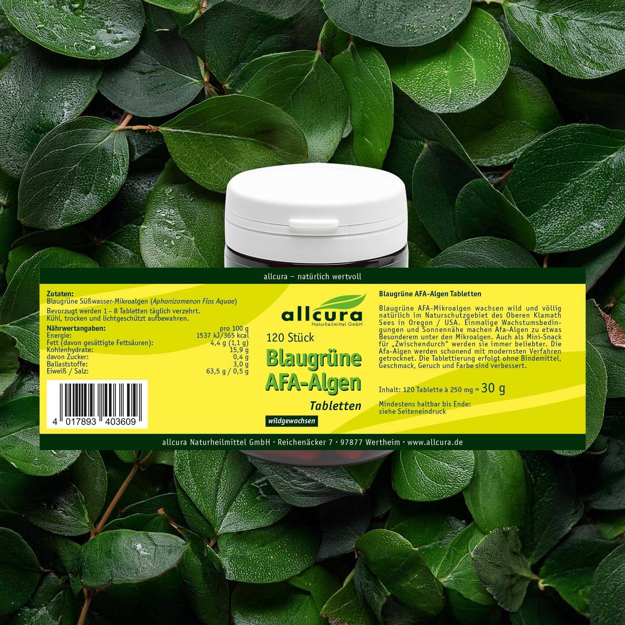 Dose mit weißem Deckel, auf grünen Blättern. Aufschrift: Blaugrüne AFA-Algen, 120 Tabletten. Marke: allcura.