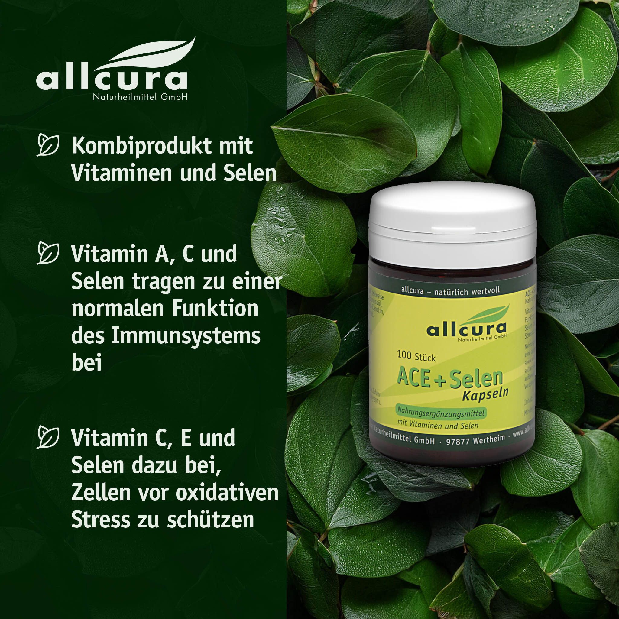 Dunkelgrüne Dose mit weißem Deckel. Text: allcura ACE + Selen Kapseln. Kombiprodukt mit Vitaminen und Selen.