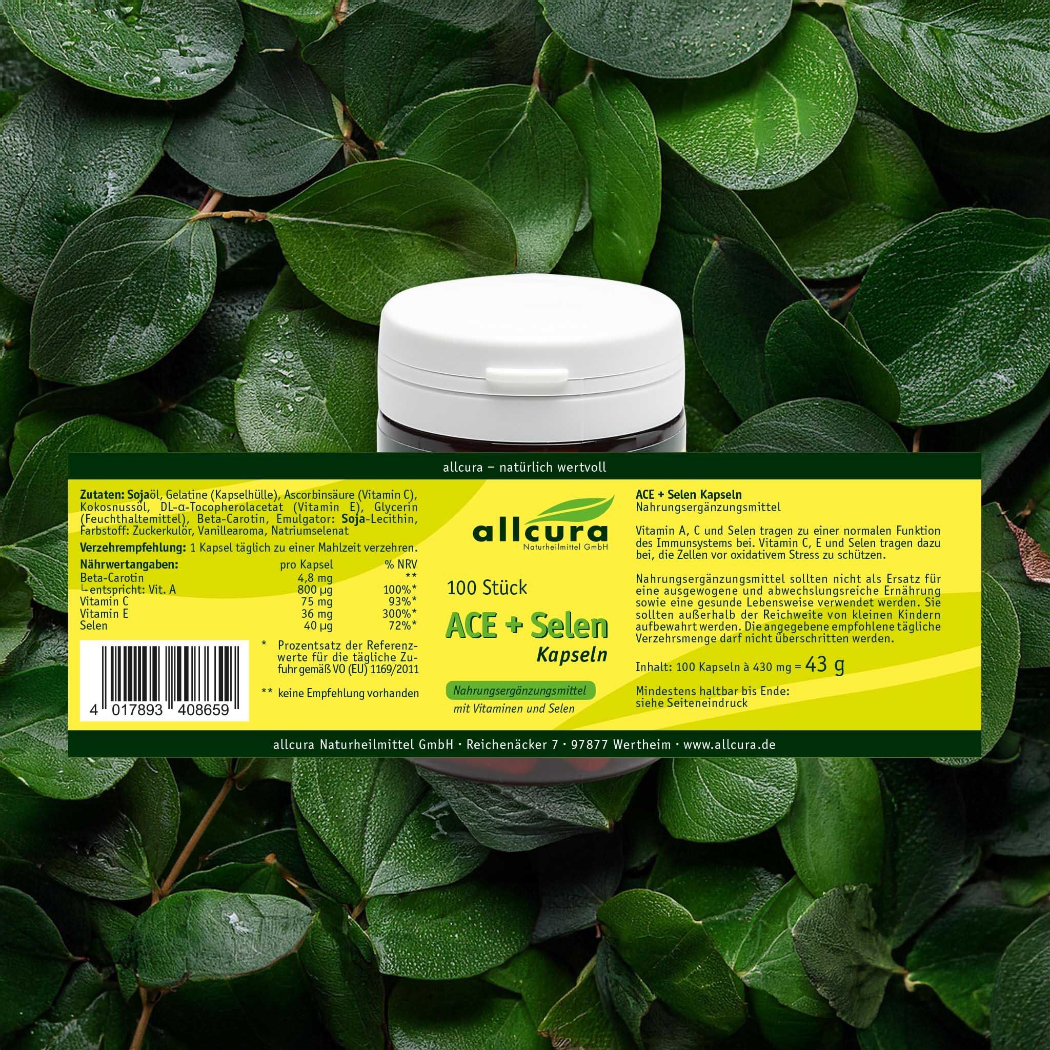 Dunkelgrüne Dose mit weißem Deckel. Aufschrift: allcura ACE + Selen Kapseln, 100 Stück. Rückseite mit Inhaltsangaben.