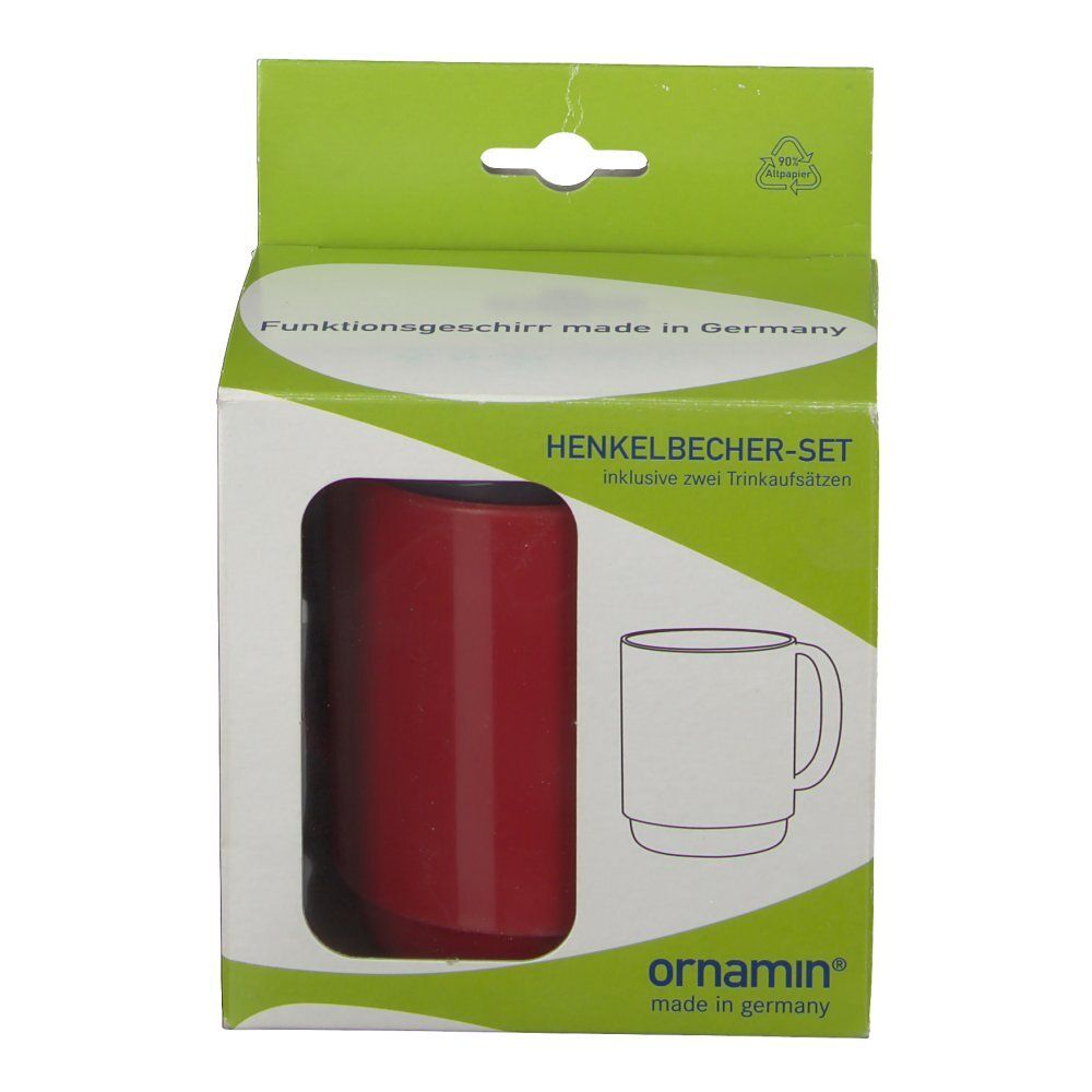 Verpackung des ornamin® Henkelbecher-Sets. Roter Becher im Karton. Aufdruck: Henkelbecher-Set, ornamin®.