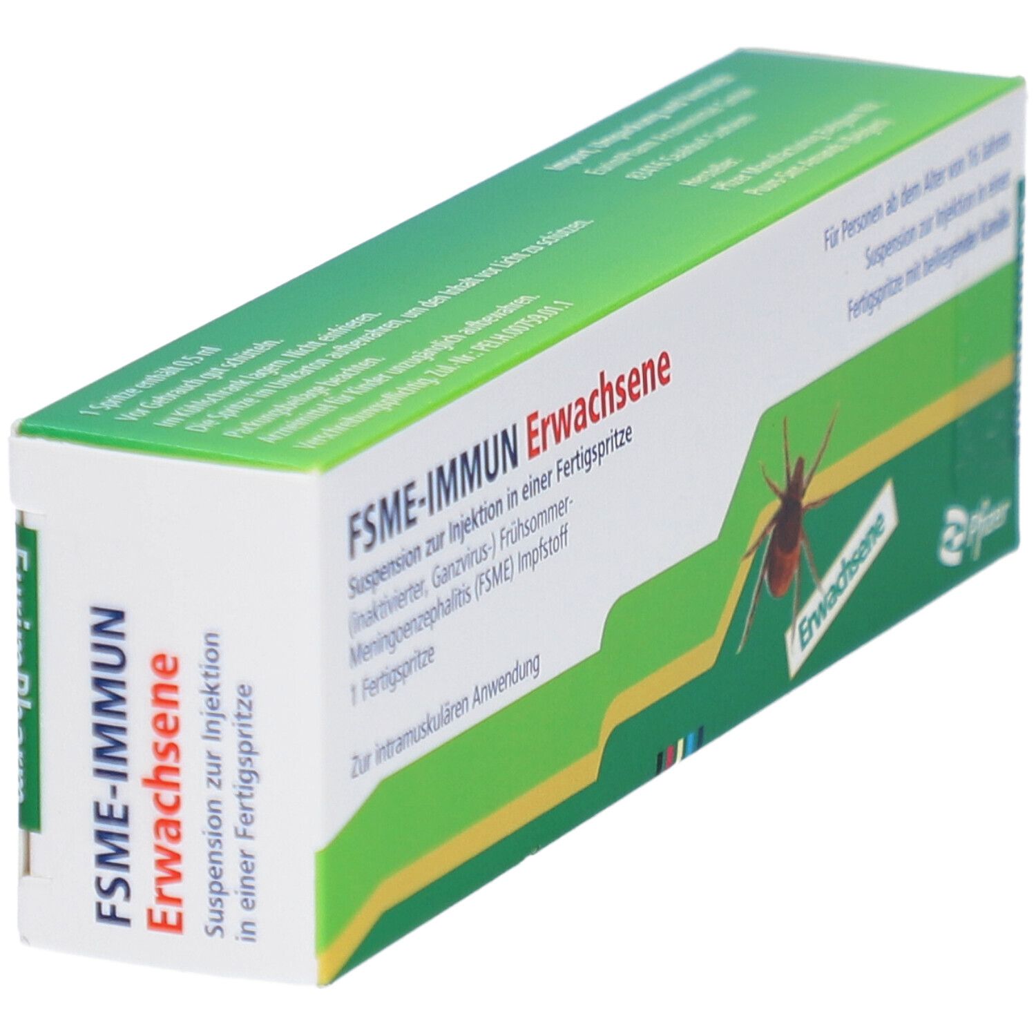 Schräg gestellte Schachtel mit FSME-IMMUN Erwachsene. Grün-weiße Verpackung mit Produktnamen und Zeckenabbildung. Fertigspritze.