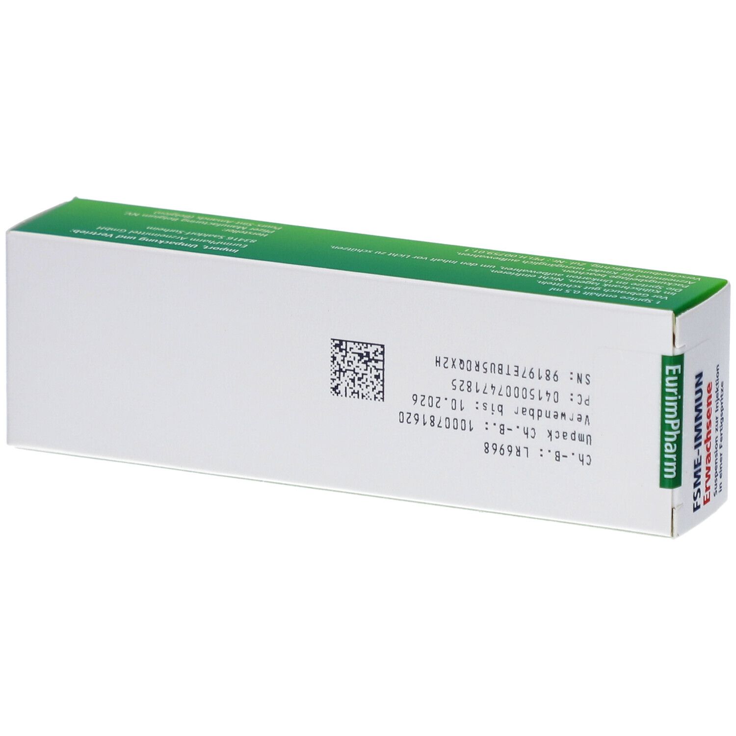 Rückseite der FSME-IMMUN Erwachsene Verpackung. Weiß mit grünen Streifen und Text. QR-Code und Chargennummer.